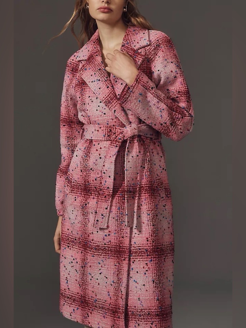 Avec Les Filles Pink Plaid Speckled Belted Long Robe